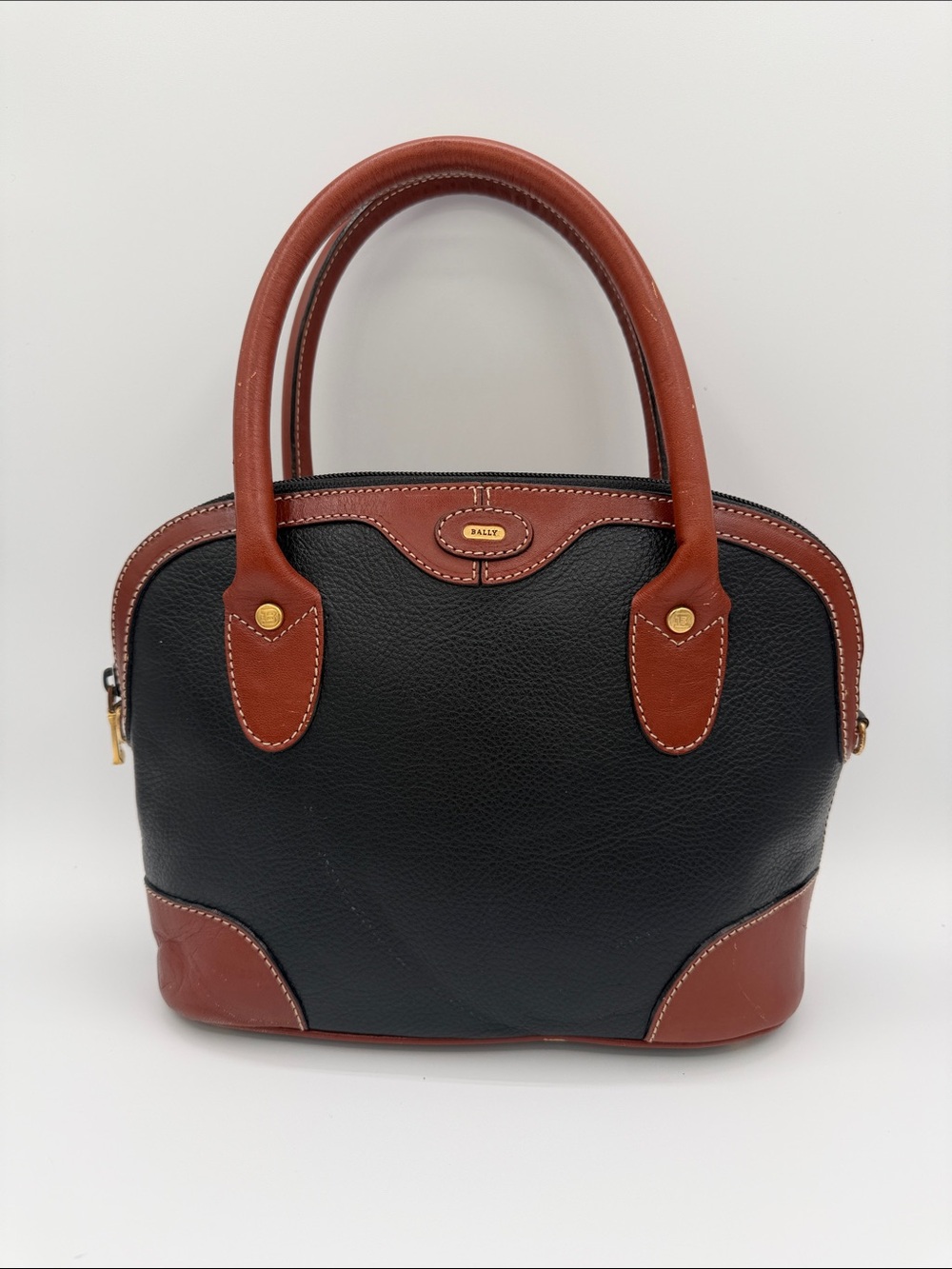 Vintage Bally 90s Black and Brown Leather Dome Satchel